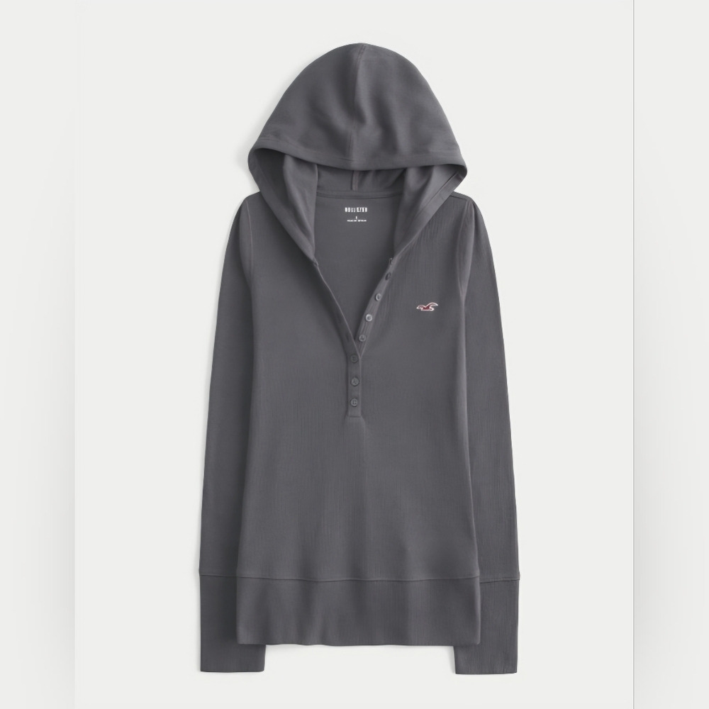 Hollister Long-Sleeve Hooded Henley CHARCOAL GREY, Large